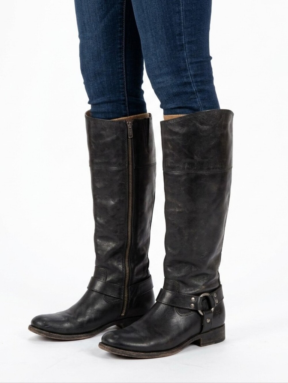 FRYE Black Leather Melissa Harness Tall Riding Boots - Size 8.5B